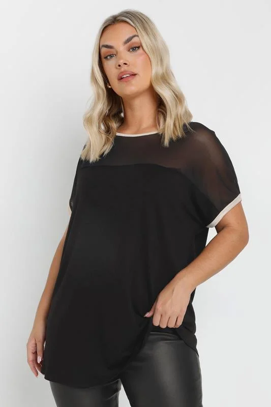 YOURS Curve Black Foil Detail Mesh Top