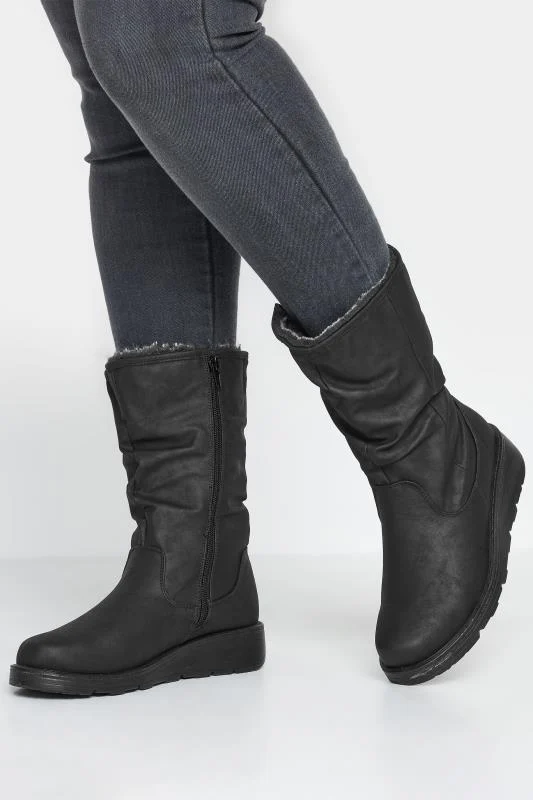 Black Fur Lined Calf Boots In Wide E Fit & Wide EEE Fit