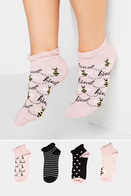 4 PACK Black & Pink'Bee Kind' Printed Trainer Liner Socks