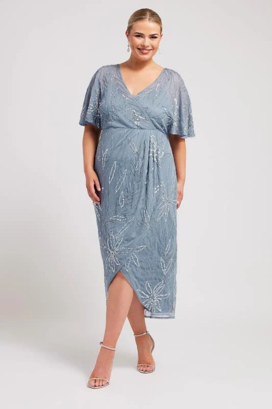 LUXE Curve Blue Embellished Wrap Midi Dress