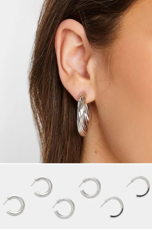 3 PACK Silver Small Hoop Earrings Set