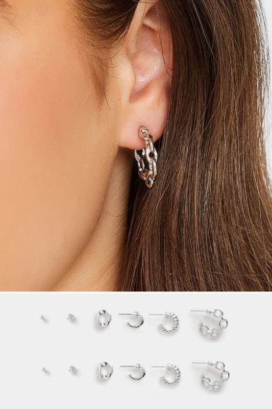6 PACK Silver Stud & Hoop Earrings Set 5 6 PACK Silver Stud & Hoop Earrings Set