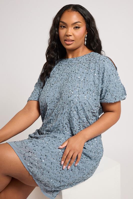 LUXE Curve Light Blue Sequin Hand Embellished Cape Dress