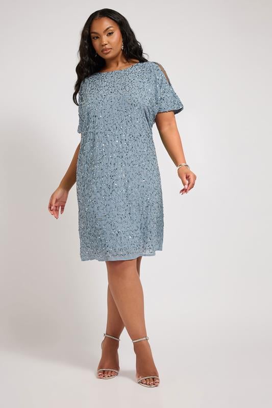 LUXE Curve Light Blue Sequin Hand Embellished Cape Dress 3 LUXE Curve Light Blue Sequin Hand Embellished Cape Dress