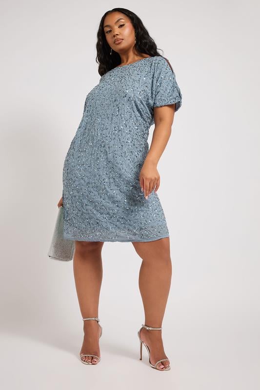 LUXE Curve Light Blue Sequin Hand Embellished Cape Dress 4 LUXE Curve Light Blue Sequin Hand Embellished Cape Dress