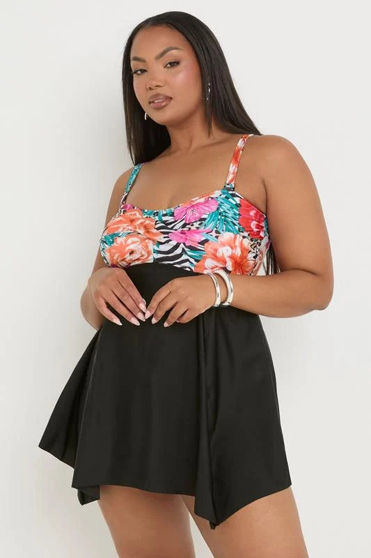 YOURS Curve Black Tropical Print Hanky Hem Swimdress