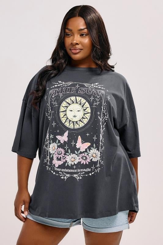 YOURS Curve Charcoal Grey'The Sun' Graphic Oversized T-Shirt