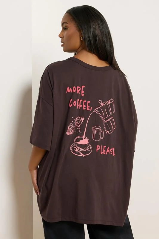 YOURS Curve Brown'Pancake Club' Boxy Back Print T-Shirt