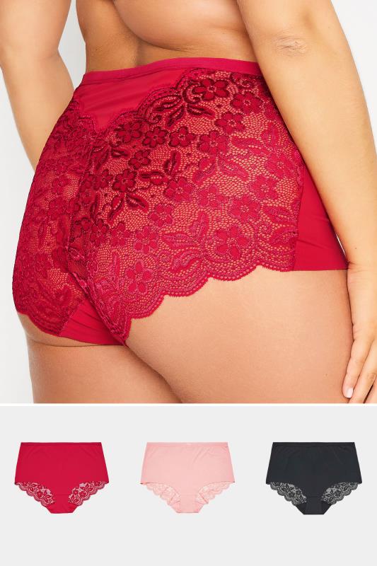 3 PACK Curve Red & Black Lace Back High Waisted Knickers