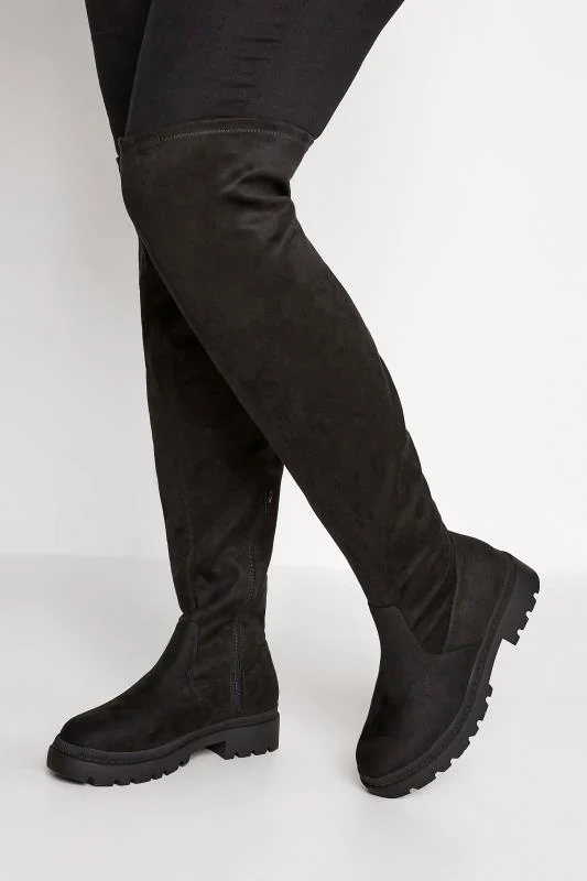 YOURS Black Suede Over The Knee Chunky Boots In Wide E Fit & Extra Wide EEE Fit