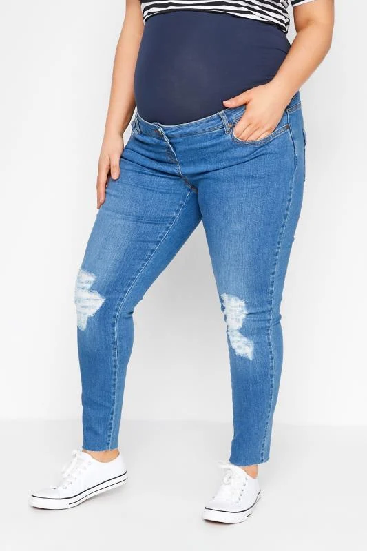 BUMP IT UP MATERNITY Curve Light Blue Ripped Stretch AVA Jeans With Comfort Panel