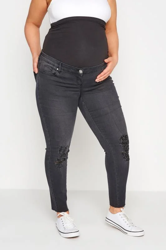 BUMP IT UP MATERNITY Curve Black Washed Ripped AVA Jeans With Comfort Panel & Stretch