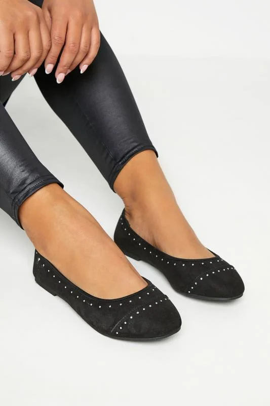 Black Faux Suede Diamante Ballerina Pumps In Wide E Fit & Extra Wide EEE Fit
