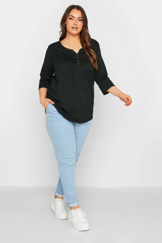 YOURS FOR GOOD Curve Black Pintuck Button Henley T-Shirt 3 YOURS FOR GOOD Curve Black Pintuck Button Henley T-Shirt