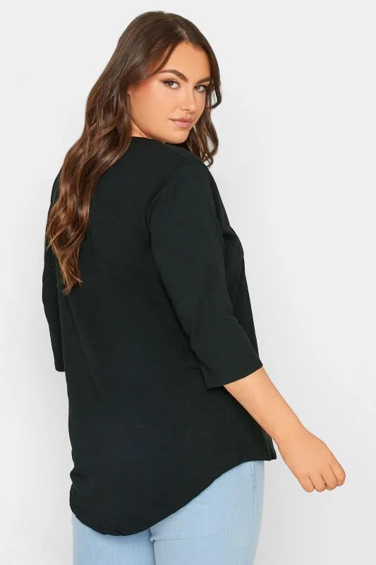 YOURS FOR GOOD Curve Black Pintuck Button Henley T-Shirt 4 YOURS FOR GOOD Curve Black Pintuck Button Henley T-Shirt