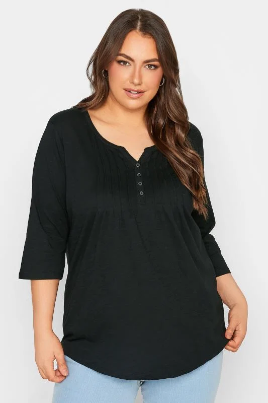YOURS FOR GOOD Curve Black Pintuck Button Henley T-Shirt 5 YOURS FOR GOOD Curve Black Pintuck Button Henley T-Shirt