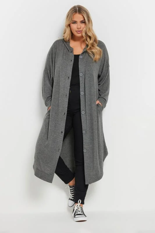 YOURS Curve Grey Button Through Hooded Maxi Cardigan