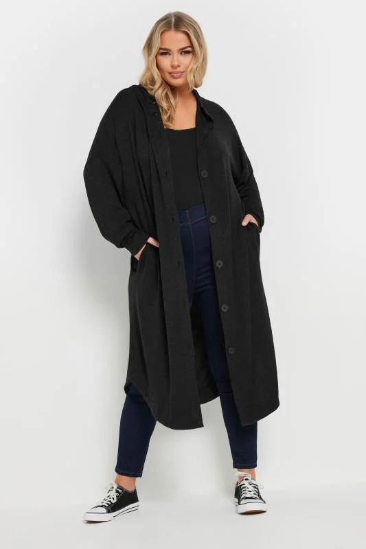 YOURS Curve Black Button Through Hooded Maxi Cardigan