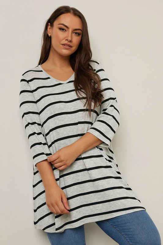 YOURS Curve Grey Stripe Print Longline Top