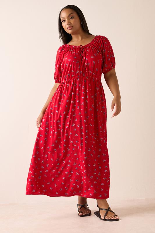 YOURS Curve Red Ditsy Floral Tie Neck Maxi Dress