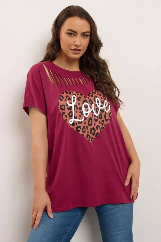 YOURS Curve Red Leopard Heart Slash Detail Top