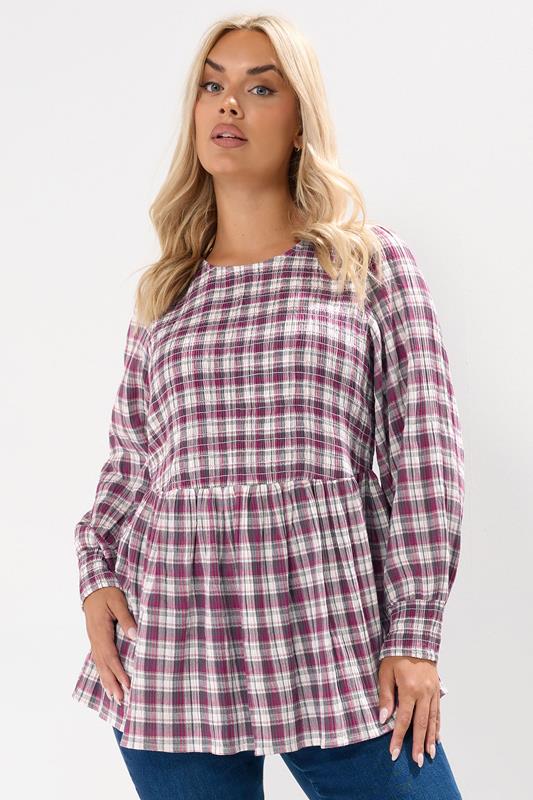 YOURS Curve Dark Pink Check Shirred Peplum Top