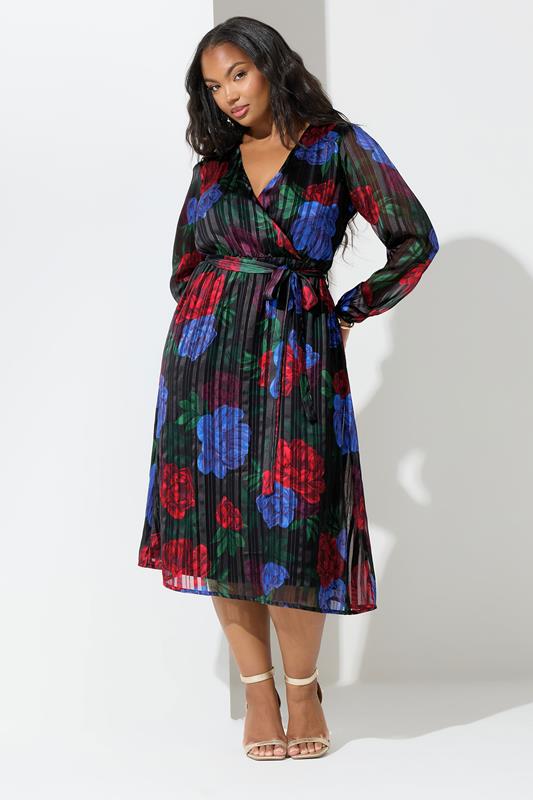 YOURS LONDON Curve Black Floral Metallic Wrap Dress 3 YOURS LONDON Curve Black Floral Metallic Wrap Dress