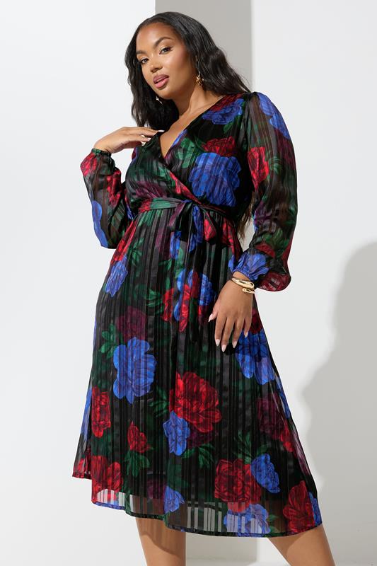 YOURS LONDON Curve Black Floral Metallic Wrap Dress