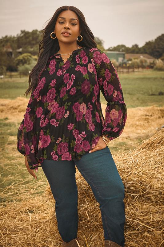 YOURS Curve Black Floral Print Pleated Blouse