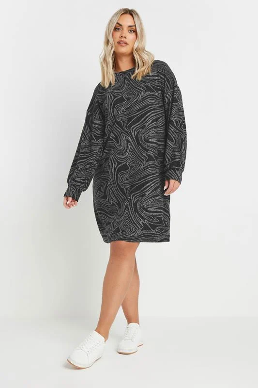YOURS Curve Black Abstract Print Soft Touch Jumper Dress
