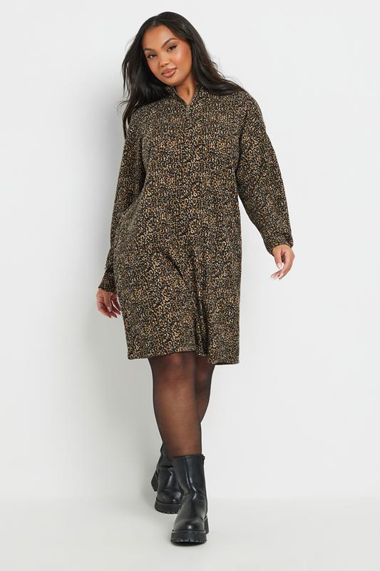 YOURS Curve Brown Leopard Print Ribbed Jumper Dress