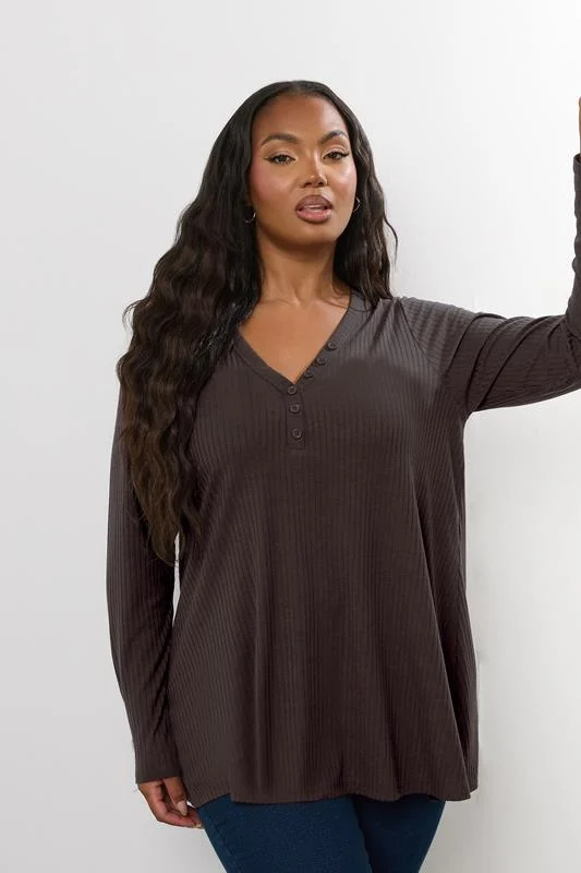 YOURS Curve Chocolate Brown Ribbed Henley Top