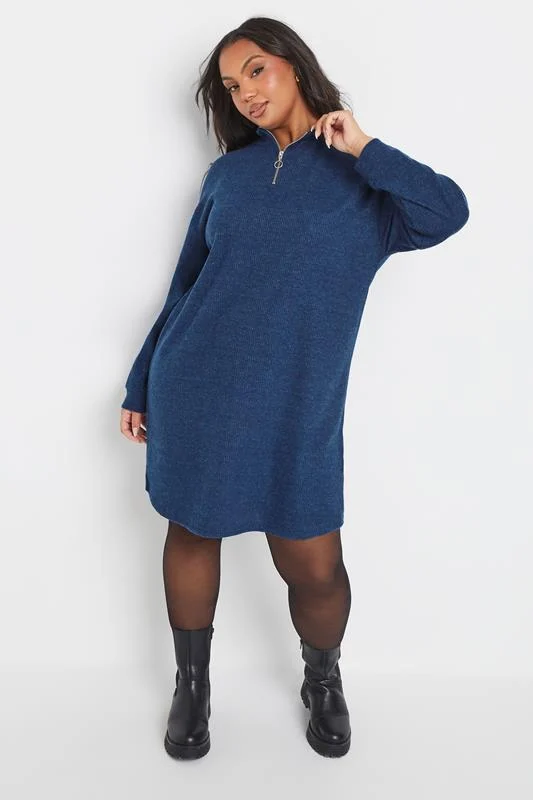 YOURS Curve Blue Zip Neck Ribbed Jumper Dress