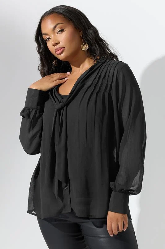 YOURS LONDON Curve Black Pintuck Bow Tie Blouse
