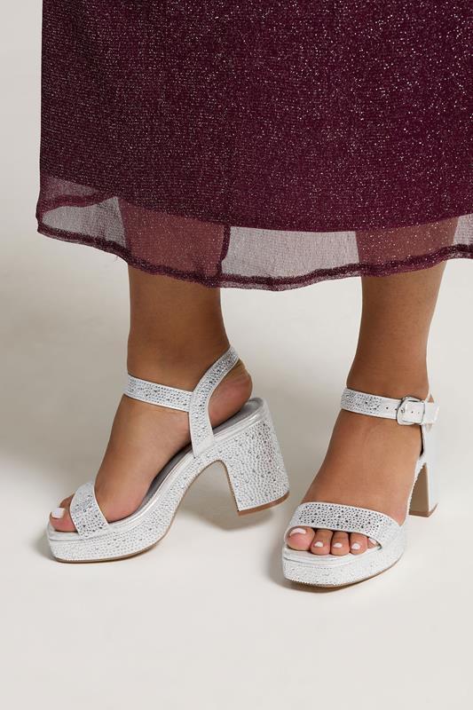 Silver Diamante Platform Block Heels In Wide E Fit