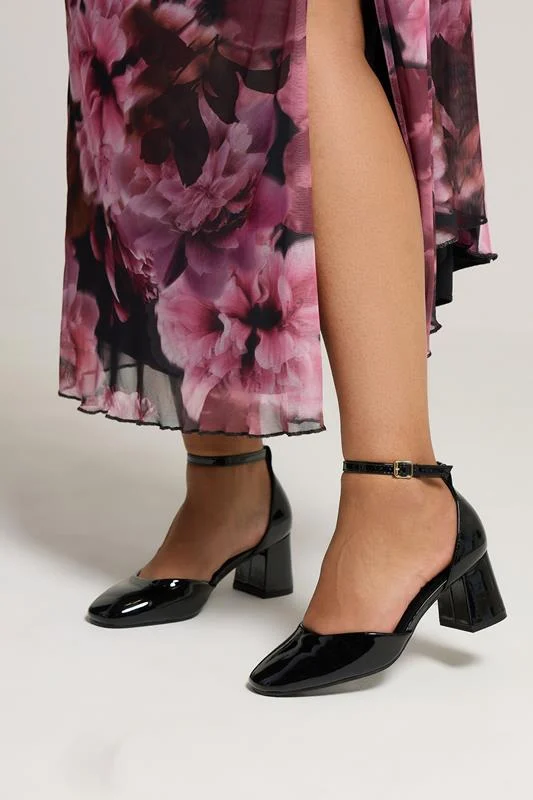 Black Patent Block Mary Jane Heels In Extra Wide EEE Fit