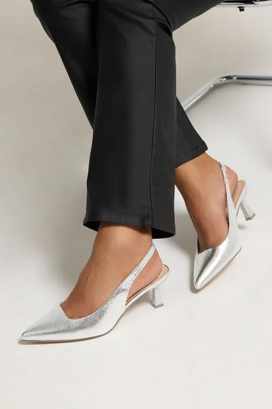 Silver Faux Leather Slingback Kitten Heels In Extra Wide EEE Fit