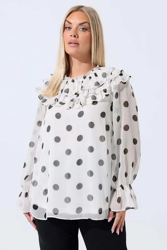 LIMITED COLLECTION Curve White Polka Dot Frill Neck Blouse
