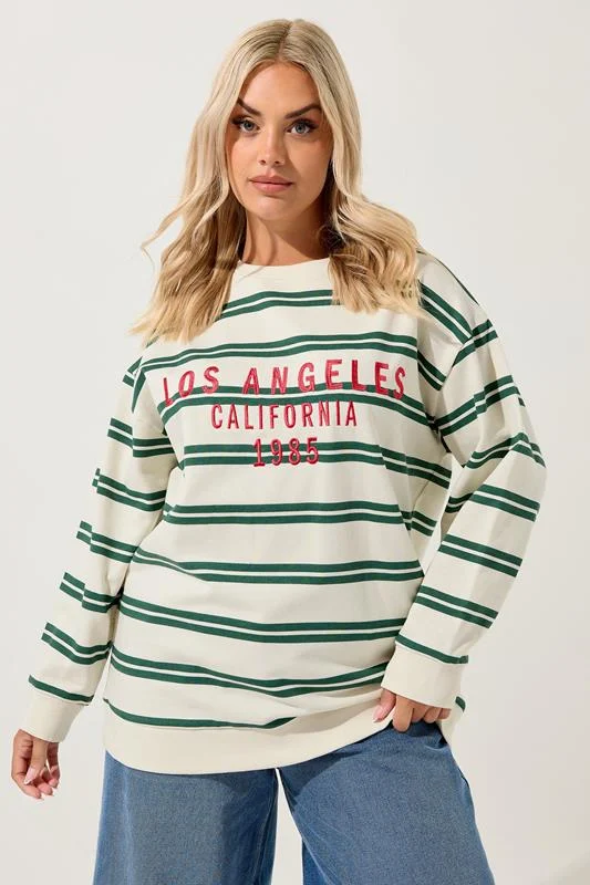 YOURS Curve Ivory White & Green Stripe'Los Angeles' Sweatshirt
