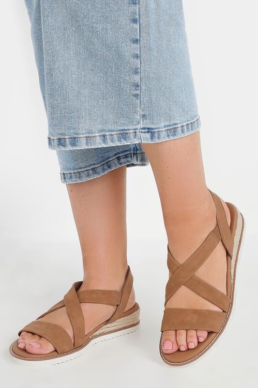 Brown Cross Over Strappy Wedge Sandals In Wide E & Extra Wide EEE Fit