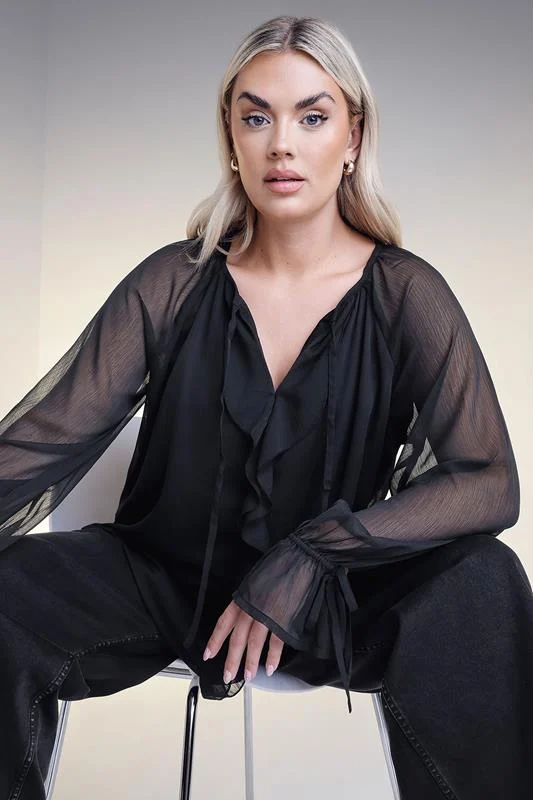 YOURS Curve Black Ruffle Neck Tie Blouse