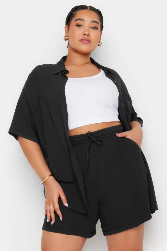 YOURS Curve Black Crinkle Tie Drawstring Shorts