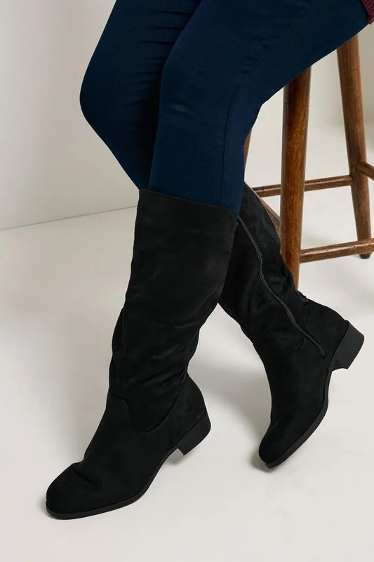 Black Faux Suede Wide Calf Knee High Boots In Extra Wide EEE Fit