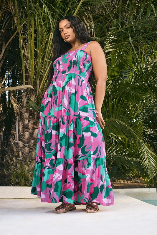 YOURS Curve Pink Abstract Print Shirred Maxi Dress 3 YOURS Curve Pink Abstract Print Shirred Maxi Dress