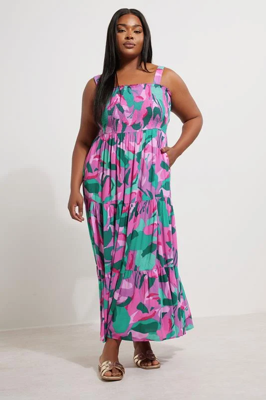 YOURS Curve Pink Abstract Print Shirred Maxi Dress 4 YOURS Curve Pink Abstract Print Shirred Maxi Dress