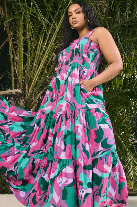 YOURS Curve Pink Abstract Print Shirred Maxi Dress 5 YOURS Curve Pink Abstract Print Shirred Maxi Dress