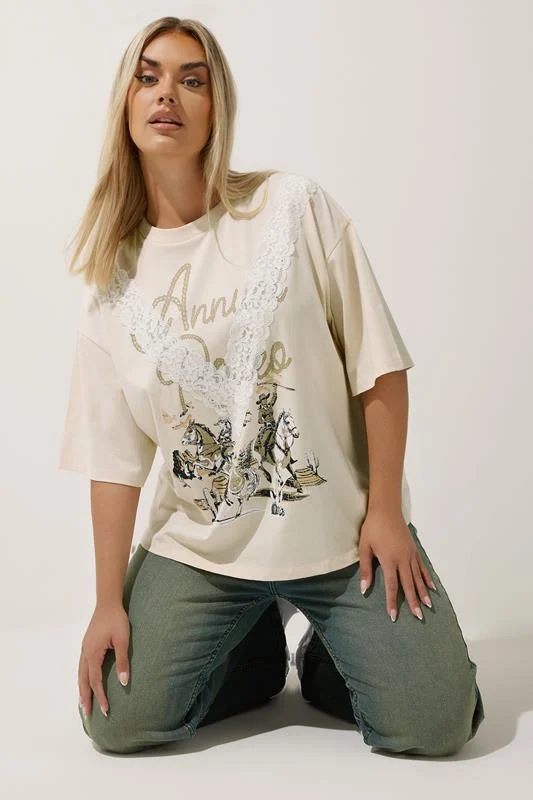 LIMITED COLLECTION Curve Cream Graphic Western Lace Detail T-Shirt