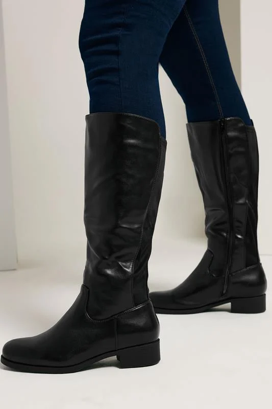Black Faux Leather Wide Calf Knee High Boots In Extra Wide EEE Fit