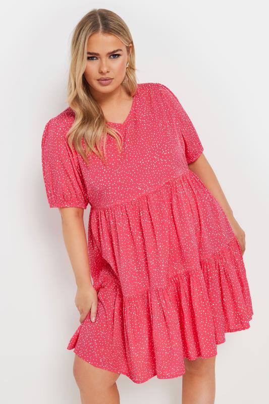 YOURS Curve Pink Dot Print Tiered Mini Dress