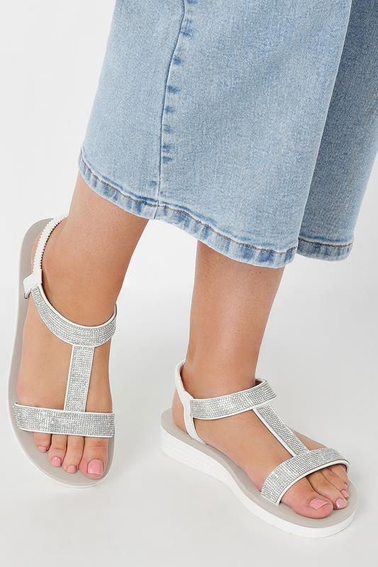 White Diamante Strap T-Bar Sandals In Wide E Fit